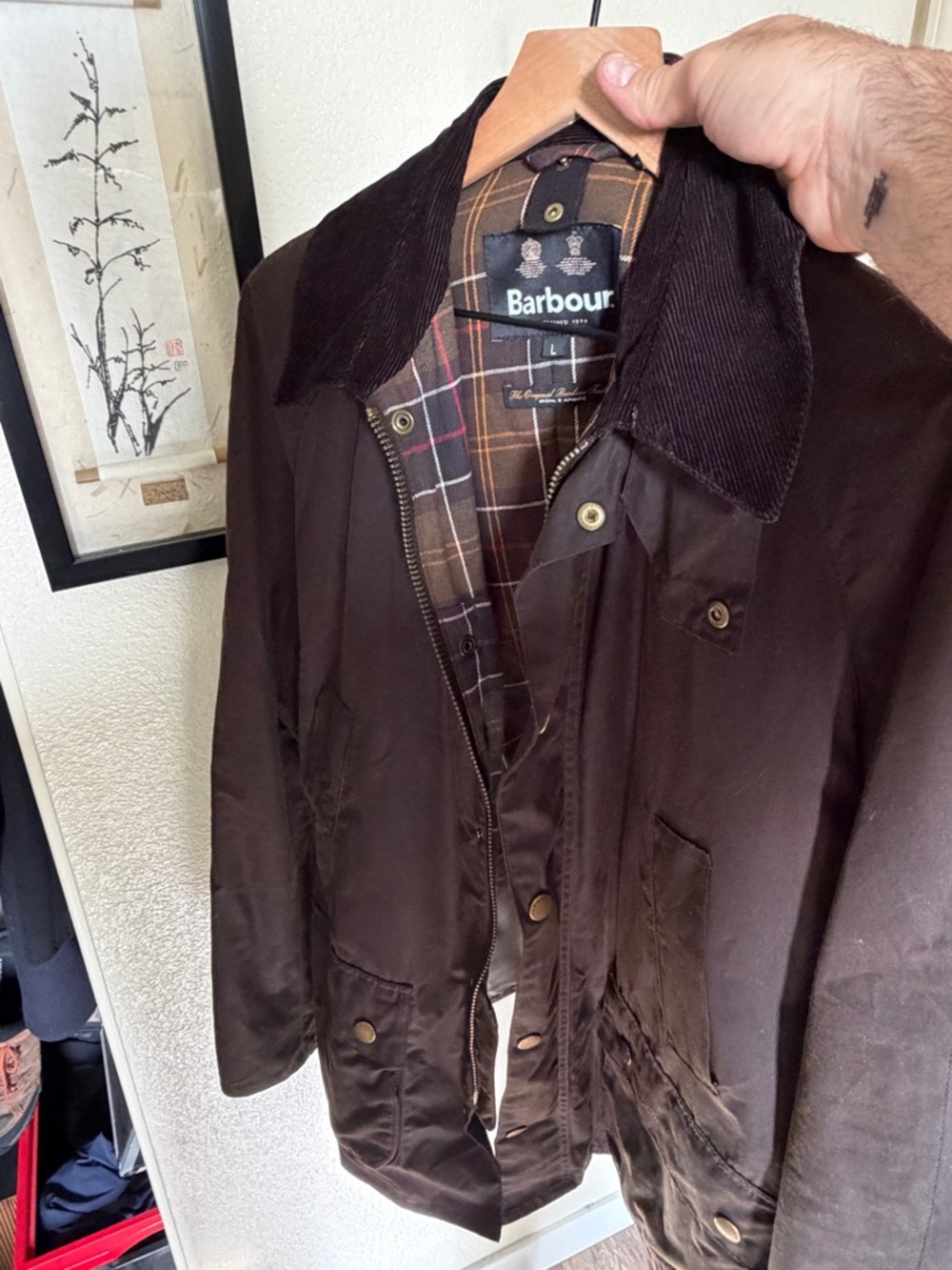 Barbour dark green  Waxed Cotton Field Jacket with Tartan Lining - Picture 3 of 5